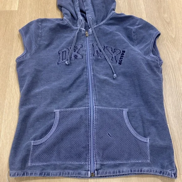 Y2K Vintage DKNY Active Women's Blue Sleeveless Hoodie Jacket Size L - Picture 2 of 5